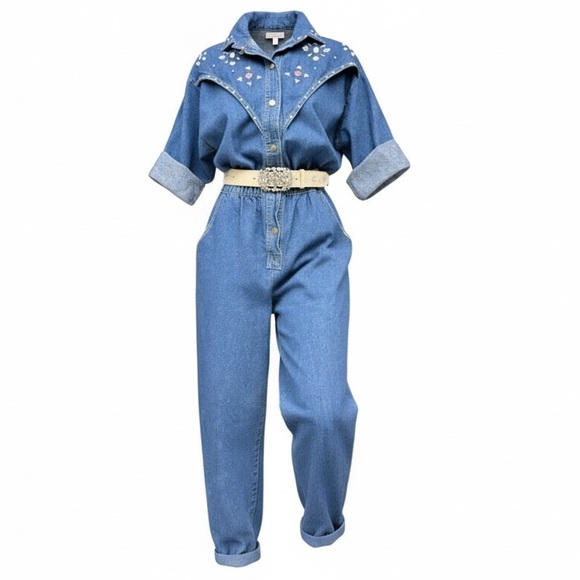 Vintage Pants - Vintage Western Studded Denim Jumpsuit Western 80s Rhinestone, Size Medium EUC
